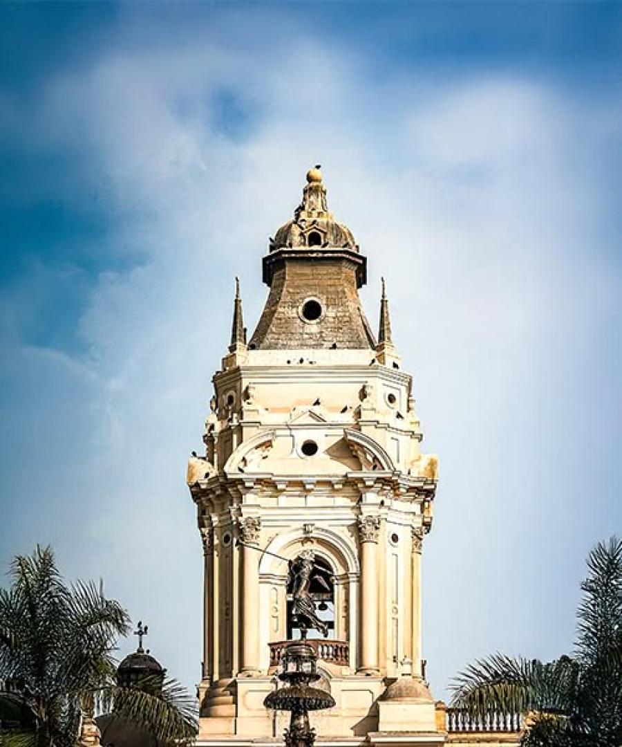 Lima cathedral tower against a clear blue sky
