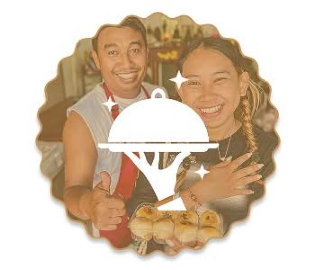 Happy guests holding food with Secret Food Tours dish icon overlay