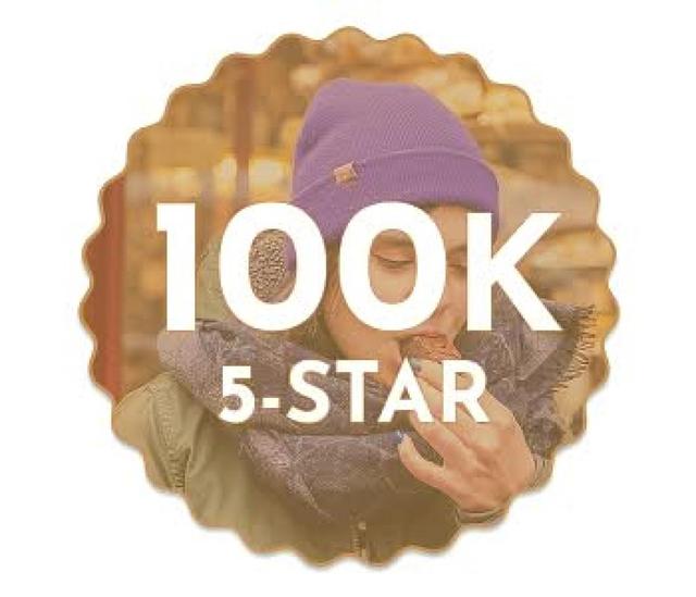 100K 5-star badge over guest enjoying food on a Secret Food Tour