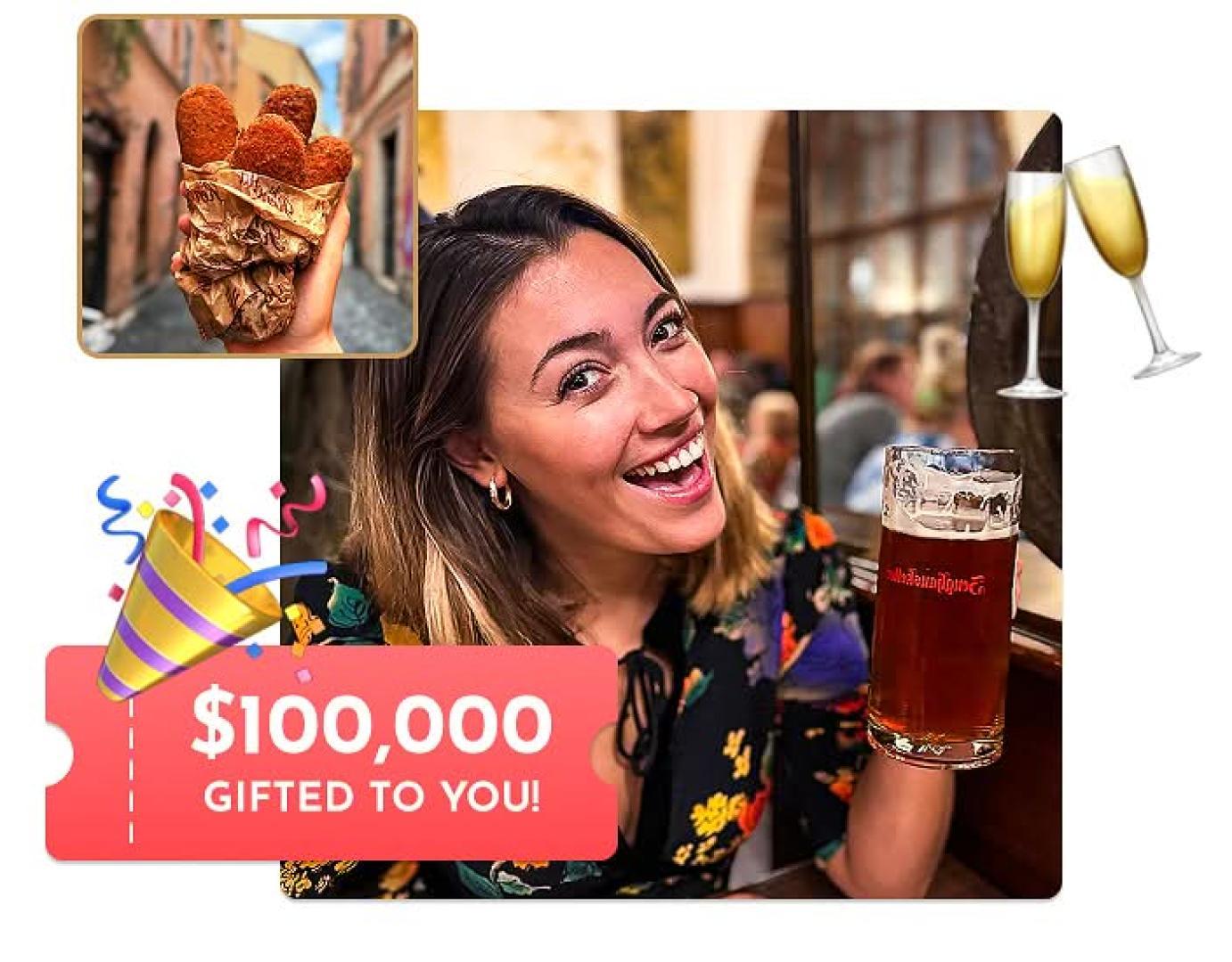 Smiling guest holding a beer during a Secret Food Tour with $100,000 giveaway graphic overlay
