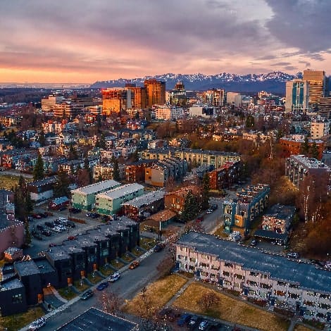 Aerial View of a Sunset over Downtown Anchorage