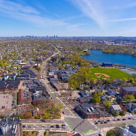 Arlington historic town center aerial view on Massachusetts Avenue