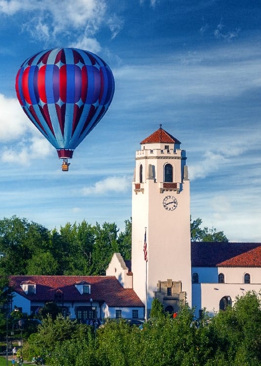 Boise Train depot clock tower with hot air balloon