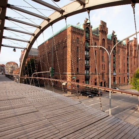 footbridge and historic warehouses