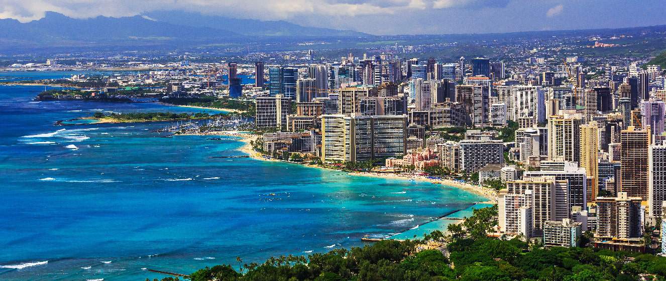 Hawaii and the surrounding area including the hotels and buildings on Waikiki Beach