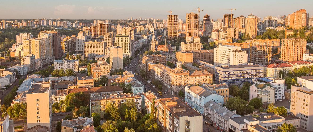 high view cityscape of kyiv city in sunset