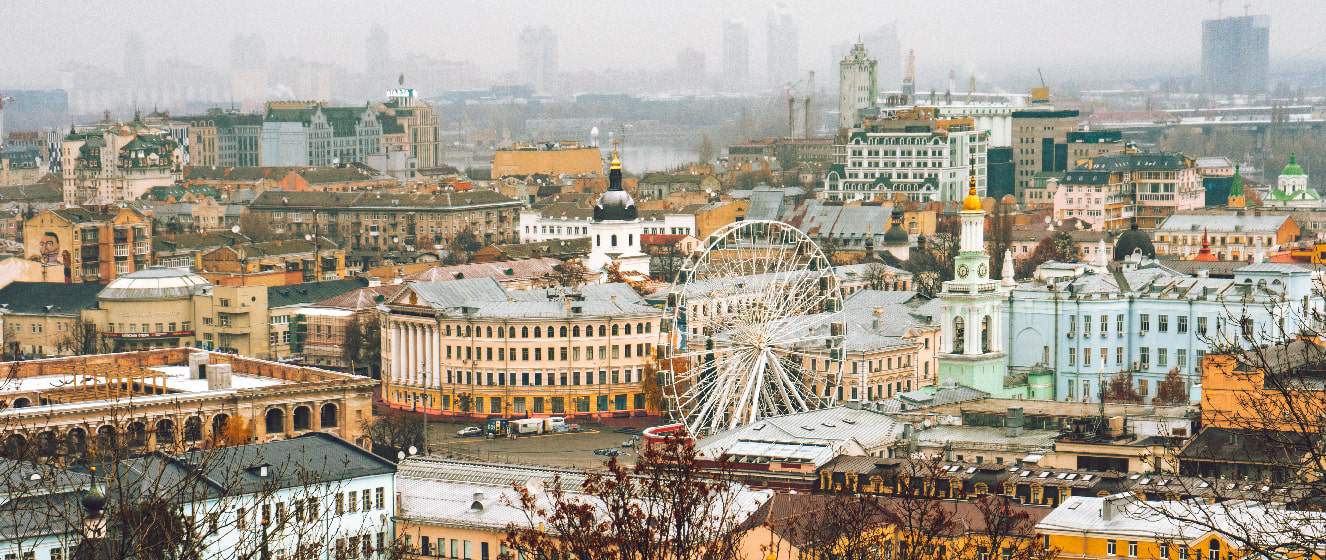 aerial top view of podil district kiev city