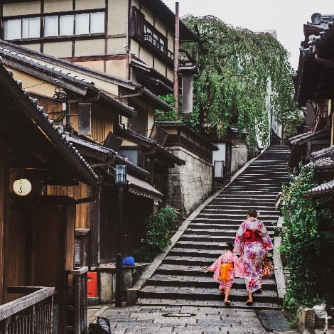 traveler wearing traditional Japanese kimono walking in Higashiyama district in the old town of Kyoto