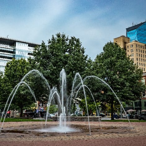 Lexington, Kentucky downtown fountain with financial business 