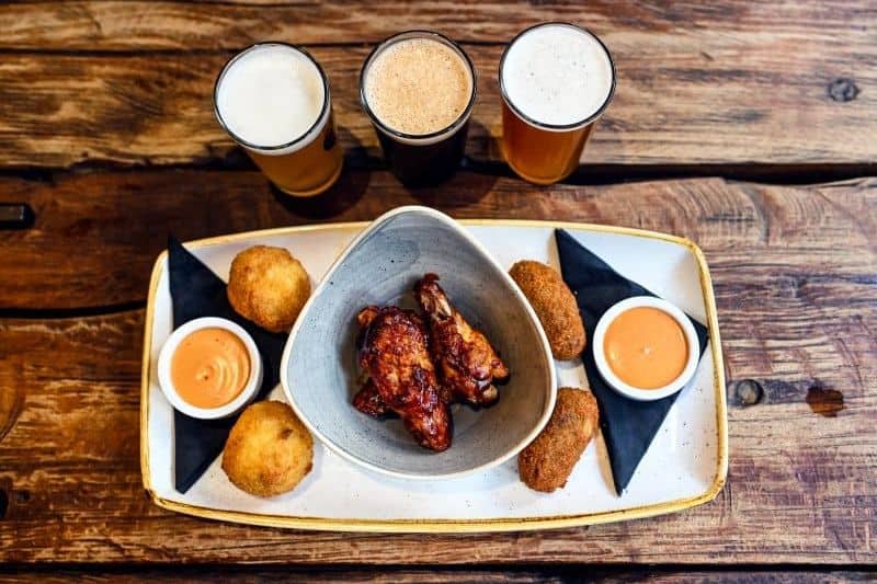 Chicken wings, croquettes, beer