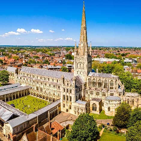 Aerial view of Norwich Cathedral located in Norwich