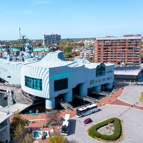 Aerial view of the Nauticus museum in Norfolk