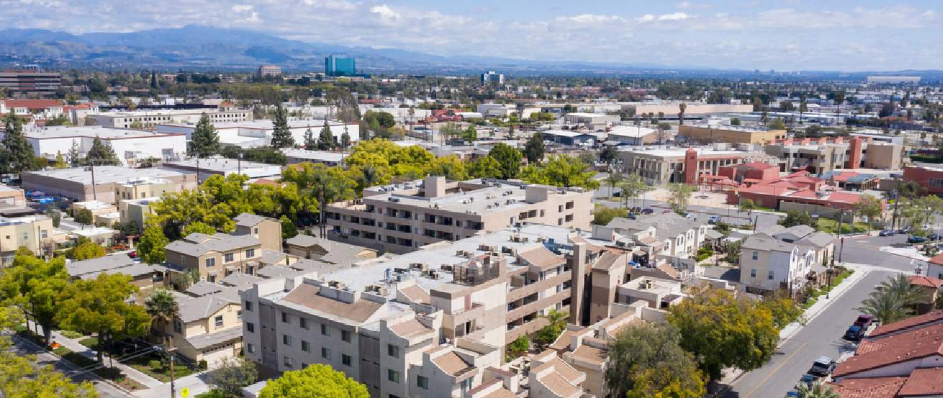 Aerial view of the urban core of downtown Santa Ana