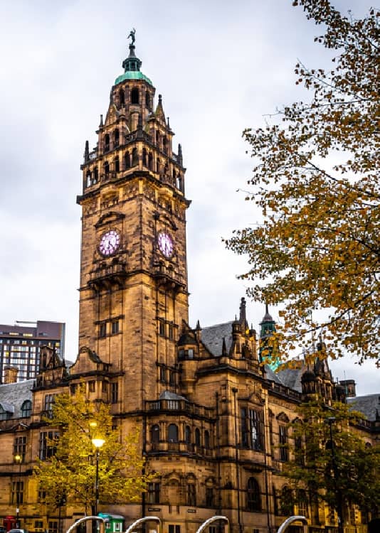View of Sheffield City Council and Sheffield town hall in autumn, England