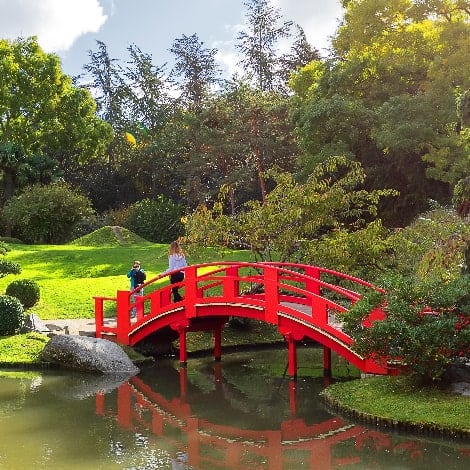 tourists take a photo in japanese garden