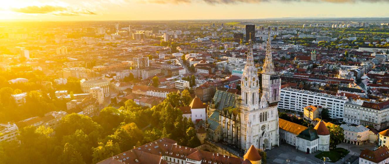 aerial view of the cathedral in zagreb at sunrise