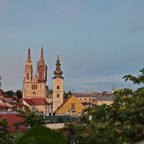 cityscape of zagreb during blue hour with cathedra